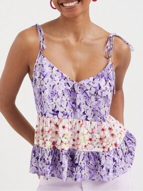 Desigual Lavender Viscose Floral Tie-Strap tank top with White-Pink Band